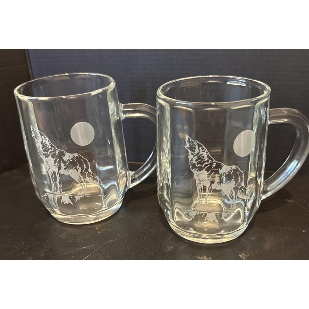 Etched Wolf Howling Moon Glass Coffee Mug National Wildlife Federation Set Of 2
